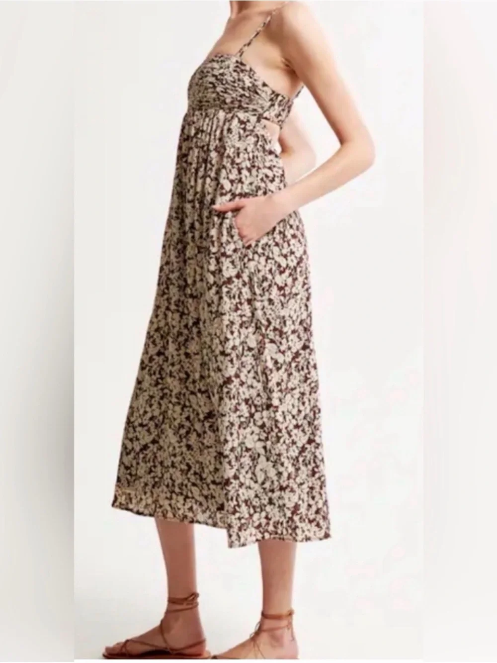 Abercrombie & Fitch Brown Floral Crinkle Pintuck Pleat Cutout Back Maxi Dress